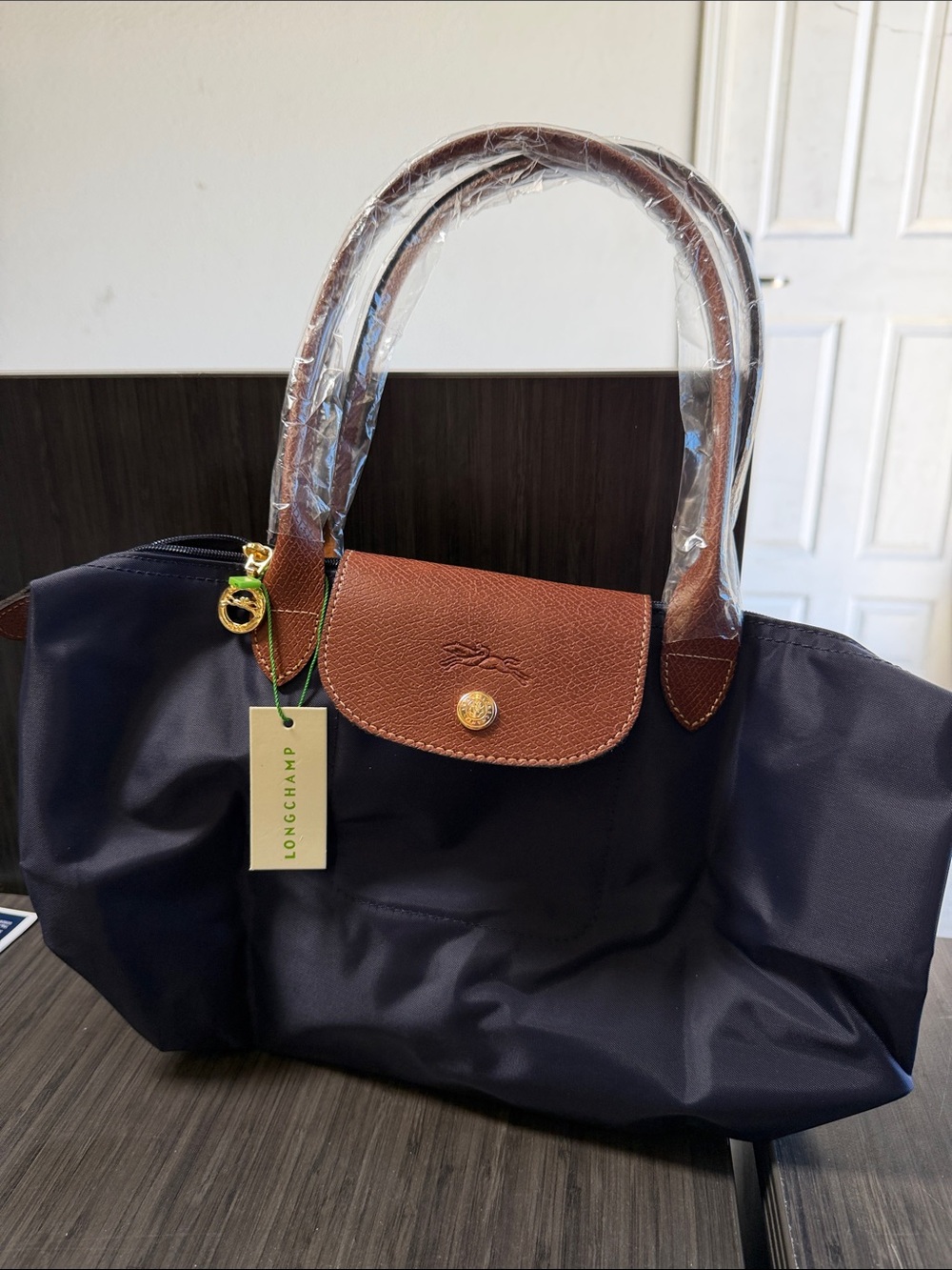 Longchamp Medium Navy Tote with Brown Leather Trim and Gold Hardware